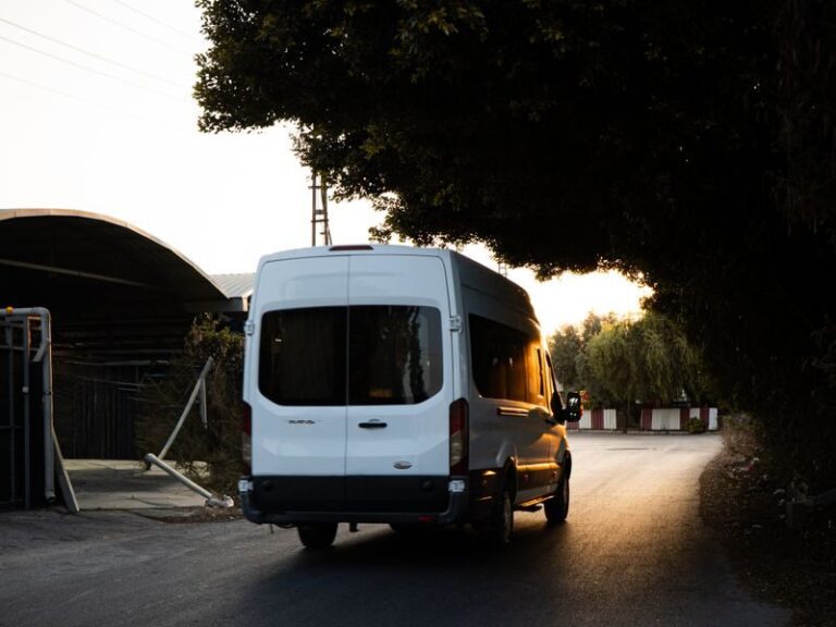 A white minivan drives on a quiet road under trees during a serene sunset.